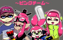  .52_gal_(splatoon) 2boys 2girls agent_3_(splatoon) baseball_cap blaster_(splatoon) blue_eyes closed_eyes commentary_request e-liter_3k_(splatoon) fangs goggles goggles_on_head green_eyes grey_background hat headphones height_difference hero_shot_(splatoon) inkling inkling_boy inkling_girl inkling_player_character lineup looking_at_viewer multiple_boys multiple_girls nana_(raiupika) pink_eyes pink_hair ponytail shirt short_ponytail sidelocks simple_background splatoon_(series) splatoon_1 squidbeak_splatoon striped_clothes striped_shirt t-shirt translation_request 