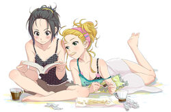  2girls bare_legs bare_shoulders barefoot black_eyes black_hair blonde_hair blush book bra breasts candy chips_(food) coffee commentary_request cup downblouse food forehead green_eyes hair_up holding holding_book hoshii_miki idolmaster idolmaster_(classic) indian_style kikuchi_makoto lying medium_breasts mouth_hold multiple_girls on_stomach photoshop_(medium) potato_chips reading short_hair shorts sitting skirt snack strap_slip tank_top topknot underwear yachiwo 