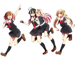  4girls :d ^_^ ahoge bad_id bad_pixiv_id black_gloves black_legwear black_ribbon black_serafuku black_skirt blonde_hair blue_eyes blush brown_footwear brown_hair closed_eyes closed_mouth fingerless_gloves full_body gloves gradient_hair hair_ornament hair_ribbon hairband hairpin hug hug_from_behind kantai_collection kneehighs leg_up loafers long_hair multicolored_hair multiple_girls murasame_(kancolle) neckerchief open_mouth orange_hairband pink_hair pleated_skirt pointing pointing_up red_eyes red_neckerchief ribbon running school_uniform serafuku shigure_(kancolle) shigure_kai_ni_(kancolle) shimamizu_eke shiratsuyu_(kancolle) shoes short_sleeves simple_background skirt sleeve_cuffs smile socks tareme turning_head twintails white_background yuudachi_(kancolle) yuudachi_kai_ni_(kancolle) 