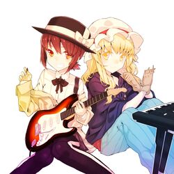  2girls blonde_hair brown_eyes brown_hair commentary_request gloves grin guitar holding instrument keyboard_(instrument) koto_suomi long_hair looking_at_viewer maribel_hearn multiple_girls short_hair simple_background sitting smile touhou usami_renko white_background yellow_eyes 