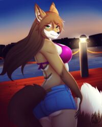  anthro bra canid canine clothed clothing collaboration digital_media_(artwork) female fox fur hair hi_res looking_at_viewer lunarii makeup mammal mascara outside shaded smile solo standing underwear x-leon-x 