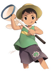  1boy brown_eyes brown_hair bug_catcher_(pokemon) butterfly_net commentary_request cowboy_shot hand_net hat looking_at_viewer male_focus noeyebrow_(mauve) photoshop_(medium) pokemon pokemon_oras shorts simple_background solo tank_top tongue tongue_out white_background 