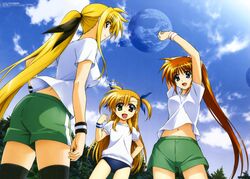  3girls absurdres ass blonde_hair bloomer blue_eyes buruma fate_testarossa gym_uniform hair_ribbon heterochromia highres lolicon long_hair lyrical_nanoha mahou_shoujo_lyrical_nanoha mahou_shoujo_lyrical_nanoha_strikers mahou_shoujo_lyrical_nanoha_vivid multiple_girls okuda_yasuhiro open_mouth red_eyes ribbon smile takamachi_nanoha teenage thighhighs thighs tongue vivio 