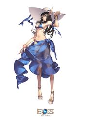  bikini black_hair blue_bikini breasts brown_eyes commentary_request copyright_name echo_of_soul female full_body hat highres holding large_breasts long_hair pointy_ears sarong see-through solo standing sun_hat swimsuit white_background yato0401 