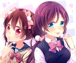  2girls black_hair blue_eyes blush headdress hinano long_hair love_live!_school_idol_project purple_hair red_eyes seifuku toujou_nozomi yazawa_nico 