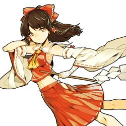  armpits ascot black_eyes black_hair bow commentary_request detached_sleeves dutch_angle female gohei hair_ribbon hair_tubes hairbow hakurei_reimu holding koto_suomi long_hair looking_at_viewer navel nontraditional_miko red_bow ribbon solo touhou white_background wind 