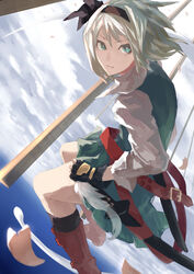  black_hairband blue_eyes boots cloud commentary_request dress female fingerless_gloves fujinohara_akihira gloves hairband katana konpaku_youmu looking_at_viewer short_hair sky solo sword touhou weapon white_hair 