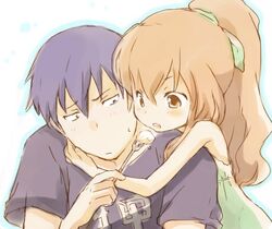  1boy aisaka_taiga alternate_hairstyle blue_hair brown_eyes brown_hair casual commentary_request dress feeding female fork hug long_hair ponytail shirotaka_(shirotaka) short_hair takasu_ryuuji toradora! 