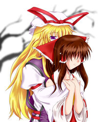  2girls blonde_hair bow brown_hair commentary_request frown hair_over_eyes hair_tubes hairbow hakurei_reimu hat hug hug_from_behind long_hair mob_cap multiple_girls photoshop_(medium) purple_eyes suzuki_sakura tabard tears touhou yakumo_yukari yuri 