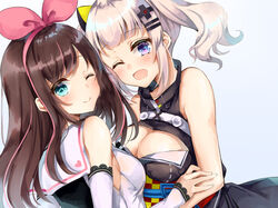  2girls a.i._channel aqua_eyes breasts brown_hair cleavage dress green_eyes kaguya_luna kaguya_luna_(character) kizuna_a.i. long_hair tagme_(artist) twintails white_hair wink 