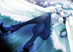  angel_wings blue_eyes blue_hair blue_theme breasts commentary_request crossed_legs dutch_angle female foreshortening from_below gloves head_wings headdress high_heels large_breasts large_wings legs multicolored_eyes multiple_wings original pantyhose pupps shoes short_hair sitting solo the_snow_queen the_snow_queen_(character) thighs wings 