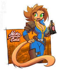  2018 5_fingers anthro armor belt beverage big_breasts blue_clothing border bottle breasts brown_body brown_clothing brown_fur brown_hair cheek_tuft cleavage clothed clothing conditional_dnp container crossover curvy_figure digital_media_(artwork) domestic_cat english_text eyebrows eyelashes facial_tuft fallout felid feline felis female fingers fluffy fluffy_hair fluffy_tail fur green_eyes hair hand_on_hip holding_beverage holding_bottle holding_container holding_object hourglass_figure inner_ear_fluff jollyjack kat_vance leather leather_armor licking licking_lips licking_own_lips long_tail looking_aside looking_at_viewer makeup mammal mascara microsoft nuka-cola open_mouth open_smile orange_background orange_body orange_fur orange_tail outside parody pink_tongue pip-boy post-apocalyptic ruins self_lick sequential_art short_hair simple_background sky slim small_waist smile solo standing tail tan_body tan_fur teeth text tight_clothing tongue tongue_out tuft unconvincing_armor vault_suit wasteland white_border wide_hips 