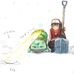  attack baseball_cap blush brown_eyes brown_hair bulbasaur commentary female female_protagonist_(pokemon_go) fumuna gloves hat light mundane_utility pokemon pokemon_(creature) pokemon_go pokemon_move ponytail scarf shovel smile snow snow_shovel snowing solar_beam_(pokemon) squatting winter 