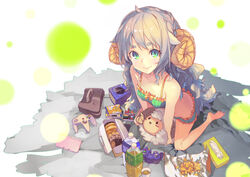  animal barefoot bicolored_eyes bikini blue_eyes book drink food game_console green_eyes horns long_hair original sheep sheepgirl swimsuit yoo_(tabi_no_shiori) 