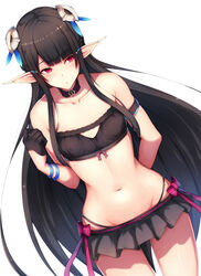  :/ anette_(pso2) arm_behind_back arm_strap bikini black_bikini black_gloves black_hair blush choker closed_mouth collarbone commentary_request female flat_chest gloves groin hair_ornament kamokatatsumuri long_hair long_pointy_ears looking_away navel phantasy_star phantasy_star_online_2 pink_eyes pointy_ears simple_background solo standing swimsuit very_long_hair white_background 