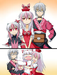  &gt;_&lt; 1boy 3girls :d adapted_costume alternate_color blush bow closed_eyes commentary_request fujiwara_no_mokou glasses grey_hair hairbow hat head_wings horns hug hug_from_behind kamishirasawa_keine light_smile long_hair morichika_rinnosuke multicolored_hair multiple_girls no_nose oerba_yun_fang open_mouth pink_hair red_eyes short_hair single_head_wing smile sweatdrop tears tokiko_(touhou) touhou tsukimi_(ryouiki_ridatsu) two-tone_hair white_hair wings xd 