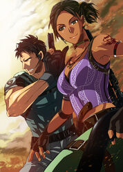  1boy abs bad_id bad_pixiv_id belt breasts brown_eyes brown_hair chris_redfield cleavage dark_skin earrings female gun handgun headset jewelry kosato large_breasts midriff muscular necklace resident_evil resident_evil_5 sheva_alomar shotgun tattoo weapon 