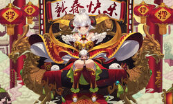  bell breasts chibi cleavage dragon horns huang_xie kneehighs original sheepgirl short_hair translation_request white_hair 