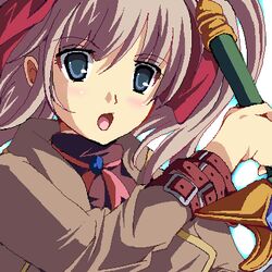  :o belt blue_eyes brown_hair choker coat enoo female hair_ribbon jaggy_lines long_hair lowres oekaki open_mouth raquel_applegate ribbon solo sword upper_body weapon white_background wild_arms wild_arms_4 