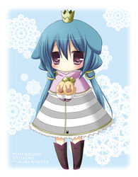  7th_dragon 7th_dragon_(series) animal_ears aono_ribbon blue_hair capelet cat_ears chibi coat commentary_request crown female hair_ornament long_hair looking_at_viewer mini_crown momomeno_(7th_dragon) photoshop_(medium) princess_(7th_dragon) purple_eyes solo twintails 