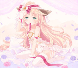  animal_ears bare_arms bare_shoulders blonde_hair blue_eyes blush bow cat_ears chaba_(hortensia) cleavage_cutout clothing_cutout commentary_request dress female flower gloves green_eyes hairbow long_hair looking_at_viewer midriff mouth_hold navel petals photoshop_(medium) pink_flower pink_rose ribbon ribbon_in_mouth rose sengoku_bushouki_muramasa sitting sleeveless sleeveless_dress solo thighhighs very_long_hair wariza white_dress white_gloves white_thighhighs xavier_(sengoku_bushouki_muramasa) 