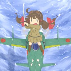  ahoge aircraft airplane bad_id bad_pixiv_id brown_hair bsn commentary_request fairy_(kancolle) female goggles goggles_on_head hair_ribbon j7w_shinden kantai_collection military military_uniform ribbon shinden_(kancolle) sky solo standing_on_object strikers_1945 sword uniform weapon 