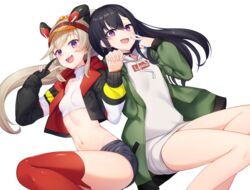  2girls :d absurdres animal_ears black_choker black_gloves black_hair black_jacket black_shorts blonde_hair breasts choker collarbone commentary_request crop_top cropped_jacket drawstring fake_animal_ears garter_straps gloves green_jacket groin hand_up highres holding_hands hood hoodie ichinose_uruha ichinose_uruha_(2nd_costume) jacket komori_met komori_met_(2nd_costume) long_hair long_hoodie long_sleeves looking_at_viewer lupinus_virtual_games midriff multiple_girls nanashi_inc. navel nishino_eri oerba_yun_fang open_clothes open_jacket open_mouth partially_fingerless_gloves ponytail purple_eyes red_legwear shirt short_shorts shorts single_glove sleeveless sleeveless_shirt sleeveless_turtleneck small_breasts smile stomach thighhighs thighs transparent_background turtleneck v v_ap_art virtual_youtuber visor_cap vspo! white_hoodie white_shirt 