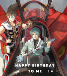  2boys absurdres aircraft airplane black_jumpsuit black_shirt blue_eyes blue_hair brown_hair chinese_commentary cockpit commentary crossover fighter_jet fire_valkyrie glasses guitar gundam guvava hair_behind_ear happy_birthday highres holding holding_instrument instrument jet jumpsuit kamille_bidan looking_ahead macross macross_7 male_focus military military_vehicle multiple_boys nekki_basara nekkikamille pilot_suit science_fiction shirt sitting trait_connection variable_fighter zeta_gundam 