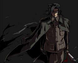  1boy aged_down akatsuki_blitzkampf black_eyes black_gloves black_hair commentary_request gloves hair_intakes holding holding_sword holding_weapon jacket jacket_on_shoulders katana long_hair looking_at_viewer military military_uniform murakumo_(akatsuki_blitzkampf) red_eyes refrai sheath sheathed sword uniform weapon 