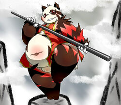  2010 anthro bear belly blush chiro_(artist) clothed clothing fanfan fur giant_panda kemono male mammal navel overweight overweight_anthro overweight_male red_body red_fur shaded solo weapon white_body white_fur 