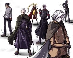  5boys adler_(akatsuki_blitzkampf) akatsuki_(akatsuki_blitzkampf) akatsuki_blitzkampf black_eyes black_gloves black_hair blonde_hair blue_eyes boots cape commentary_request dress female formal fritz_(akatsuki_en-eins) full_body glasses gloves hair_intakes hair_over_one_eye hair_pulled_back hair_slicked_back hands_in_pockets highres katana knee_boots long_hair looking_to_the_side military military_uniform multiple_boys murakumo_(akatsuki_blitzkampf) mycale one_eye_covered orange_dress red-framed_eyewear red_eyes refrai sai_(akatsuki_en-eins) scepter semi-rimless_eyewear shadow sheath short_dress short_hair simple_background smile suit sunglasses sword twintails under-rim_eyewear uniform very_long_hair weapon white_background white_hair 