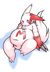  2009 ambiguous_gender anthro belly blush chi_tiu chiro_(artist) embarrassed feral fur generation_3_pokemon hi_res kemono markings nintendo obese obese_ambiguous obese_feral overweight overweight_ambiguous overweight_anthro overweight_feral pokemon pokemon_(species) red_body red_fur red_markings simple_background sitting solo white_background white_body white_fur zangoose 