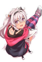  :d absurdres antenna_hair black_hairband black_jacket blush collar colored_stripes commentary_request female garter_straps grey_hair hair_between_eyes hairband highres hood hood_down hooded_jacket jacket karahai_(31448823) long_hair long_sleeves looking_at_viewer matsukai_mao matsukai_mao_(1st_costume) nijisanji oerba_yun_fang open_mouth shoes shorts sitting smile sneakers solo spiked_collar spikes striped_clothes striped_thighhighs thighhighs two_side_up virtual_youtuber white_footwear white_shorts 