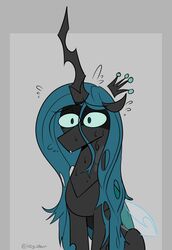  2023 arthropod blue_hair blue_wings bodily_fluids changeling crown digital_media_(artwork) female feral friendship_is_magic green_eyes green_sclera grey_body grey_skin hair hasbro headgear hi_res horn icey_(artist) insect_wings long_hair long_horn my_little_pony queen_chrysalis_(mlp) sitting sweat sweatdrop wide_eyed wings 