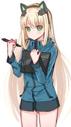  absurdres animal_ear_headphones animal_ears ass_visible_through_thighs bad_id bad_pixiv_id blonde_hair blue_jacket cat_ear_headphones clipboard cosplay eromanga_sensei fake_animal_ears female girls&#039;_frontline green_eyes hayarob headphones highres izumi_sagiri izumi_sagiri_(cosplay) jacket korean_commentary long_hair miniskirt pen skirt solo thighs tmp_(girls&#039;_frontline) 