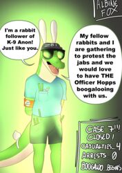  absurd_res albinefox anthro armband bulge clothing disney english_text eyewear fake_ears fake_rabbit_ears fangs glowing green_body hat headgear headwear hi_res male politics reptile scales scalie scut_tail short_tail signature simple_background solo sunglasses tail teeth text zootopia 