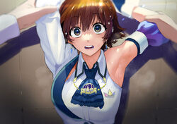  absurdres against_wall armpits blush brooch brown_eyes brown_hair cuffs earrings female hair_ornament highres honda_mio idolmaster idolmaster_cinderella_girls idolmaster_cinderella_girls_starlight_stage jewelry kitou_sakeru looking_at_viewer neckerchief open_mouth photoshop_(medium) short_hair sleeveless sweat sweaty_clothes 