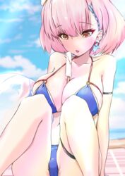  azur_lane bare_shoulders beach bikini blue_bikini blue_sky blush braid breasts brown_eyes cleavage collarbone day earrings female food highres ice_cream jewelry large_breasts looking_down medium_hair official_alternate_costume on_ground outdoors p.i.t.d pink_hair saliva saliva_trail sitting sky solo spread_legs swimsuit tartu_(azur_lane) tartu_(overthinking_summer)_(azur_lane) tongue tongue_out 