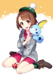  blush bob_cut bon_(bonbon315) brown_eyes brown_footwear brown_hair cardigan commentary_request dress female gloria_(pokemon) green_headwear green_legwear grey_cardigan hat highres holding holding_poke_ball long_sleeves looking_at_viewer open_mouth pink_dress poke_ball poke_ball_(basic) pokemon pokemon_(creature) pokemon_swsh short_hair sitting smile sobble socks tam_o&#039;_shanter 