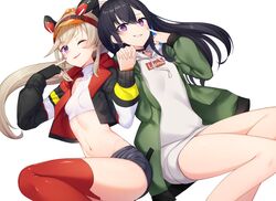  2girls animal_ears black_choker black_gloves black_hair black_jacket black_shorts blonde_hair breasts choker collarbone crop_top cropped_jacket drawstring fake_animal_ears garter_straps gloves green_jacket grin groin hand_up highres holding_hands hood hoodie ichinose_uruha ichinose_uruha_(2nd_costume) jacket komori_met komori_met_(2nd_costume) long_hair long_hoodie long_sleeves looking_at_viewer lupinus_virtual_games midriff multiple_girls nanashi_inc. navel nishino_eri one_eye_closed open_clothes open_jacket parted_lips partially_fingerless_gloves ponytail purple_eyes red_legwear shirt short_shorts shorts simple_background single_glove sleeveless sleeveless_shirt sleeveless_turtleneck small_breasts smile smug stomach thighhighs thighs turtleneck v_ap_art virtual_youtuber visor_cap vspo! white_background white_hoodie white_shirt 