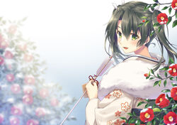  alternate_costume arrow_(projectile) dark_green_hair ema female flower green_eyes hair_ribbon hamaya holding holding_arrow japanese_clothes kantai_collection kimono long_hair minakami_nagara print_kimono red_flower ribbon solo twintails upper_body white_ribbon zuikaku_(kancolle) 