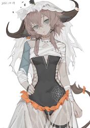  alternate_costume animal_ears arknights black_flower black_shirt blood blood_from_mouth breasts brown_hair covered_navel cow_ears cow_girl cow_horns cow_tail cowboy_shot female flower flower_on_head hair_ornament halloween_costume hand_on_own_hip highres horns long_hair looking_at_viewer mummy_costume pallas_(arknights) see-through see-through_skirt shirt silk simple_background skirt small_breasts solo spider_web stitches tail thigh_strap white_background x_hair_ornament yumingtongxue 