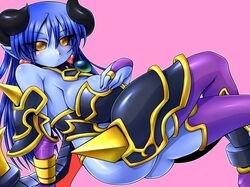  armor astaroth_(shinrabanshou) bare_shoulders black_armor black_bridal_gauntlets black_horns black_sclera blue_hair blue_skin bridal_gauntlets colored_sclera colored_skin crossed_legs demon_girl demon_wings earrings eyelashes eyes_visible_through_hair female fingernails hair_between_eyes horns jewelry kuma_(kumahoihoi) looking_at_viewer outline pink_background pointy_ears purple_thighhighs ring shinrabanshou shiny_skin slit_pupils solo thighhighs white_outline wings yellow_eyes 