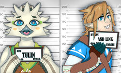  absurd_res adolescent anthro avian barbie_and_ken_mugshot_meme beak biped bird blue_eyes clothed clothing digital_media_(artwork) duo english_text feathered_wings feathers fingers fur hi_res holding_object humanoid humanoid_pointy_ears hylian itzimiau link looking_at_viewer male male/male mammal meme mugshot nintendo open_mouth rito simple_background smile tears_of_the_kingdom text the_legend_of_zelda tulin_(tloz) white_body white_feathers wings young 