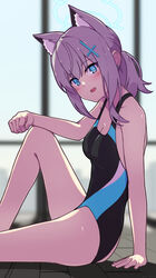  animal_ear_fluff animal_ears arm_on_knee arm_rest black_one-piece_swimsuit blue_archive blue_eyes breasts competition_swimsuit covered_navel cowboy_shot cross_hair_ornament extra_ears female grey_hair hair_ornament halo highres hiraba_6018 knee_up low_ponytail md5_mismatch medium_breasts medium_hair mismatched_pupils multicolored_clothes multicolored_swimsuit official_alternate_costume one-piece_swimsuit shiroko_(blue_archive) shiroko_(swimsuit)_(blue_archive) sitting smile solo swimsuit wolf_ears 