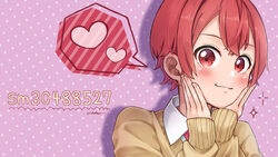  1boy aho_no_sakata hands_on_own_face hatoka_ra5 heart highres male_focus patterned_background pink_background polka_dot polka_dot_background red_eyes red_hair shirt simple_background smile solo spoken_heart urashimasakatasen utaite 