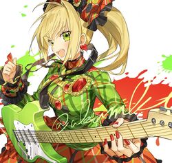  ahoge akamakoto blonde_hair blush braid breasts fate/extra fate/grand_order fate_(series) female french_braid green_eyes green_shirt guitar hair_between_eyes hair_intakes hair_ornament instrument large_breasts long_hair long_sleeves looking_at_viewer nero_claudius_(fate) nero_claudius_(fate/extra) nero_claudius_(lostroom_outfit)_(fate) official_alternate_costume open_mouth orange_skirt plectrum shirt side_ponytail skirt smile solo 