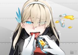  absurdres blonde_hair blue_eyes breasts commentary_request drugs feather_hair_ornament feathers female gloves hair_ornament hairband highres injection large_breasts lexington_(cv-16)_(warship_girls_r) long_hair necktie pill richard_li steelblue_mirage syringe tears tongue tongue_out warship_girls_r white_gloves 