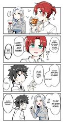  aqua_eyes bad_link boudica_(fate) carmilla_(fate) cup drinking_glass drunk earrings english_text fate/grand_order fate_(series) fujimaru_ritsuka_(male) hard-translated jewelry red_hair sakeno_rarukan sweater third-party_edit third-party_source turtleneck turtleneck_sweater white_hair yellow_eyes 