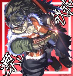  absurd_res anthro canid canine canis domestic_dog fur grey_body grey_fur grin hair hi_res japanese_text katana lifewonders male mammal martuguma melee_weapon ponytail ragged_clothing samurai scar shino_(tas) smile solo sword text tokyo_afterschool_summoners warrior weapon 